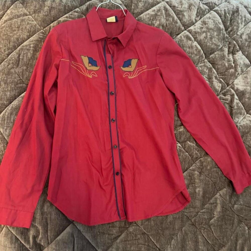 Vintage 70s Koret City Blues Red Embroidered Western Shirt Size 15